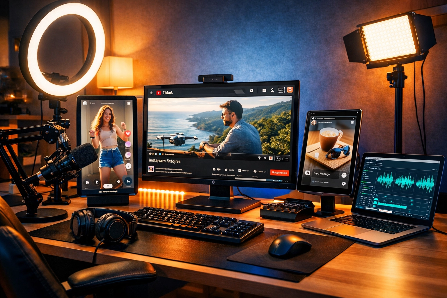 Multi-platform content creation studio with monitors displaying TikTok, YouTube, Instagram, and podcast interfaces