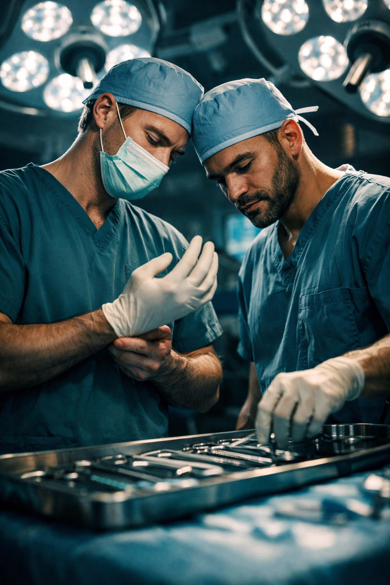 Two male surgeons preparing for surgery in operating room representing gay romance medical fiction