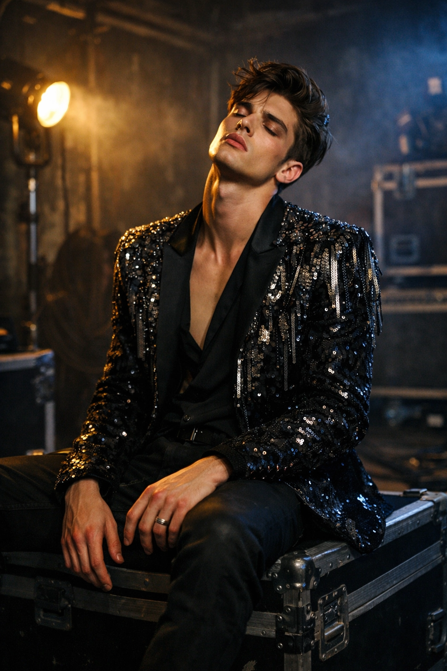 A weary male model in couture sits backstage, showing the grit behind high fashion MM romance stories.