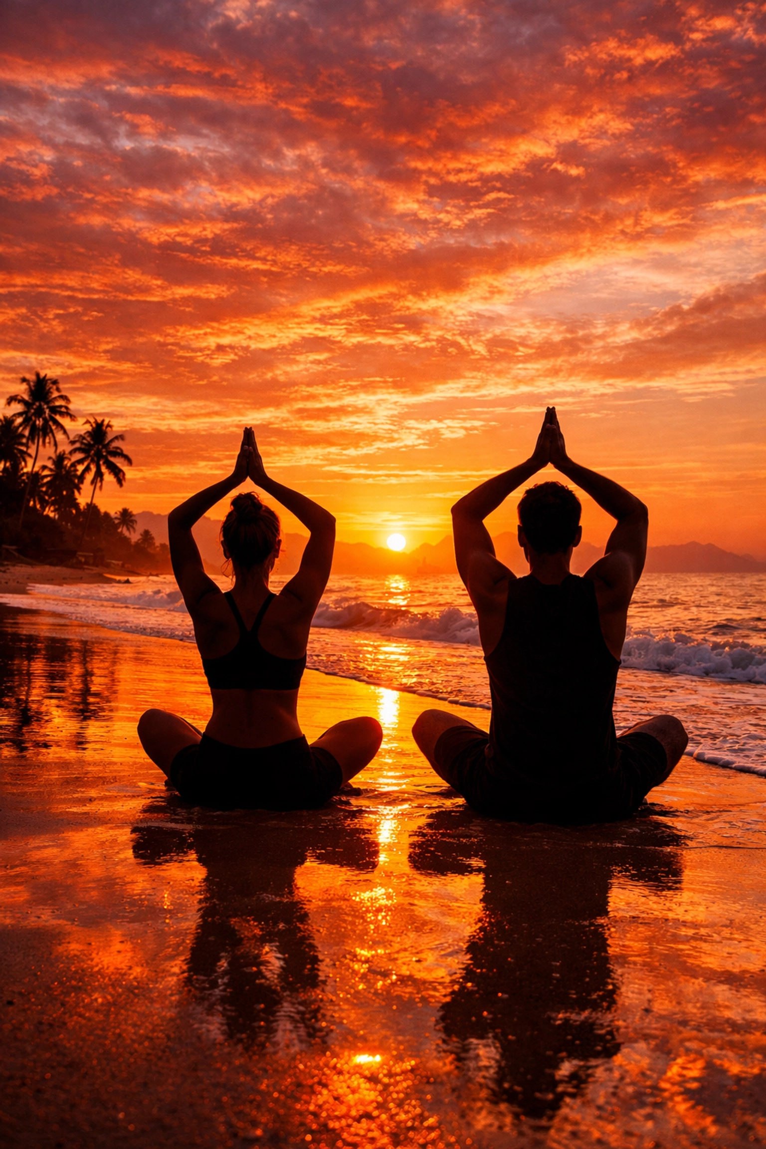 Couple practicing yoga on Puerto Vallarta beach at sunrise