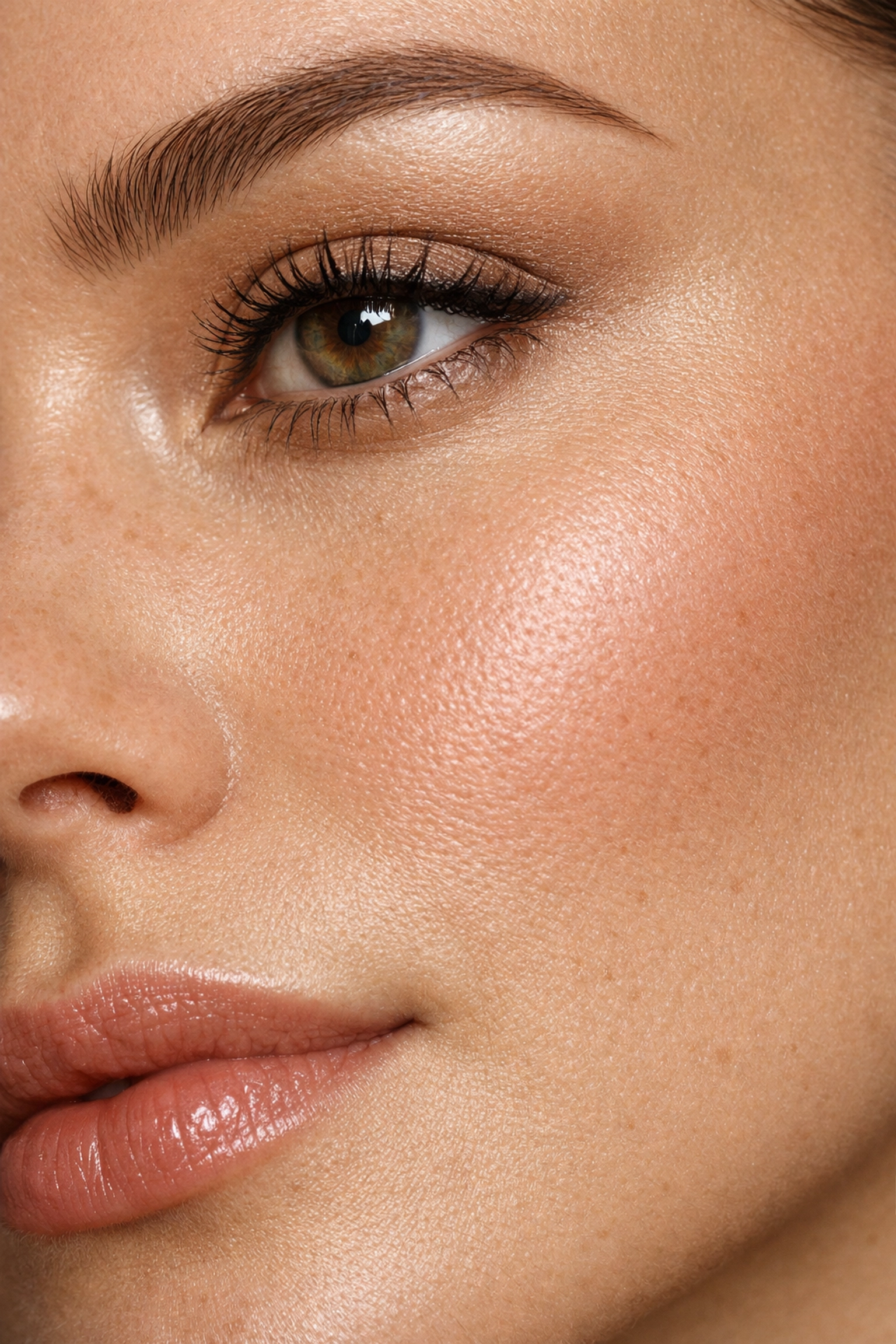 Detailed macro beauty portrait showcasing natural skin texture achieved through expert frequency separation techniques.