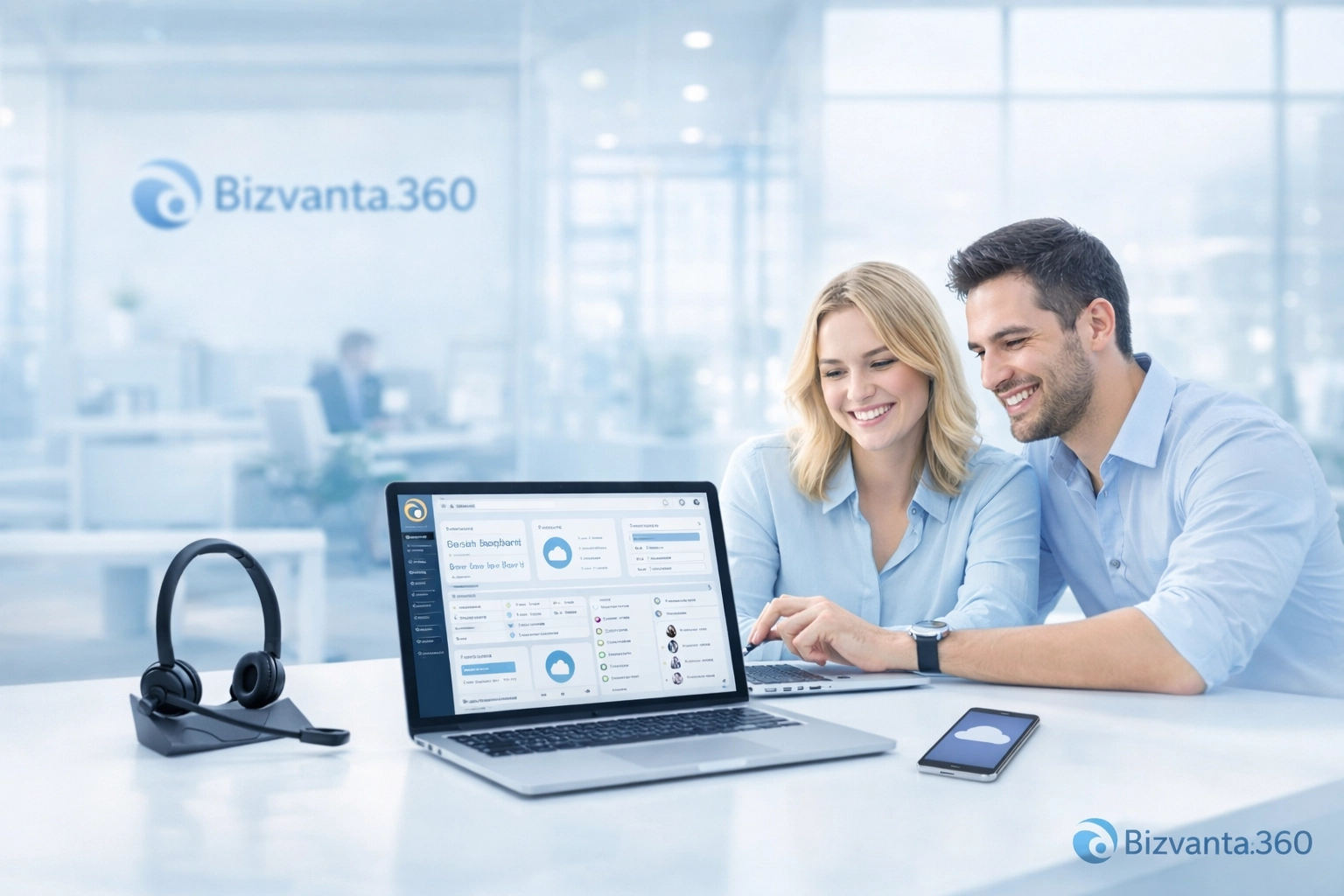 Modern startup office workspace with a subtle Bizvanta360 logo on the wall, showing cloud communications tools. Subtle Bizvanta360 logo integrated into the background.