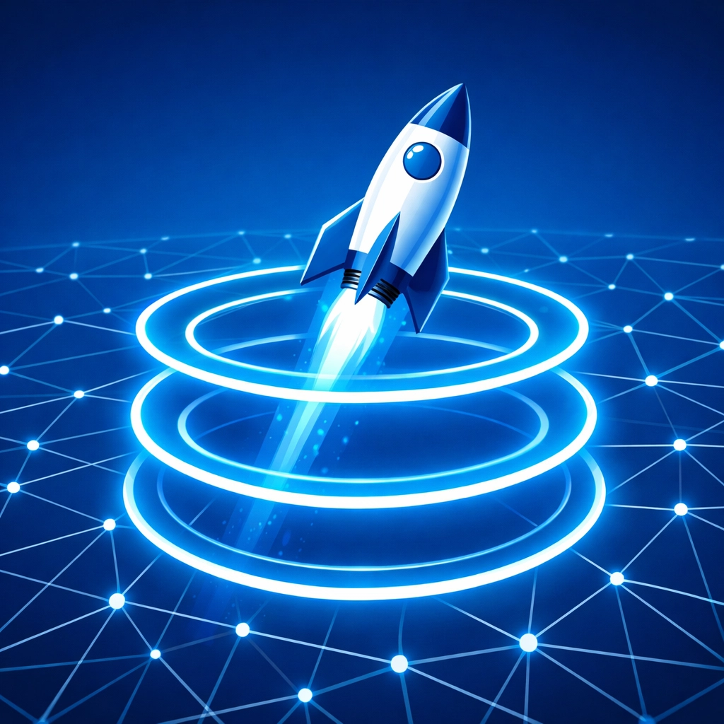 A rocket moving through network nodes symbolizing high-speed business internet and infrastructure.