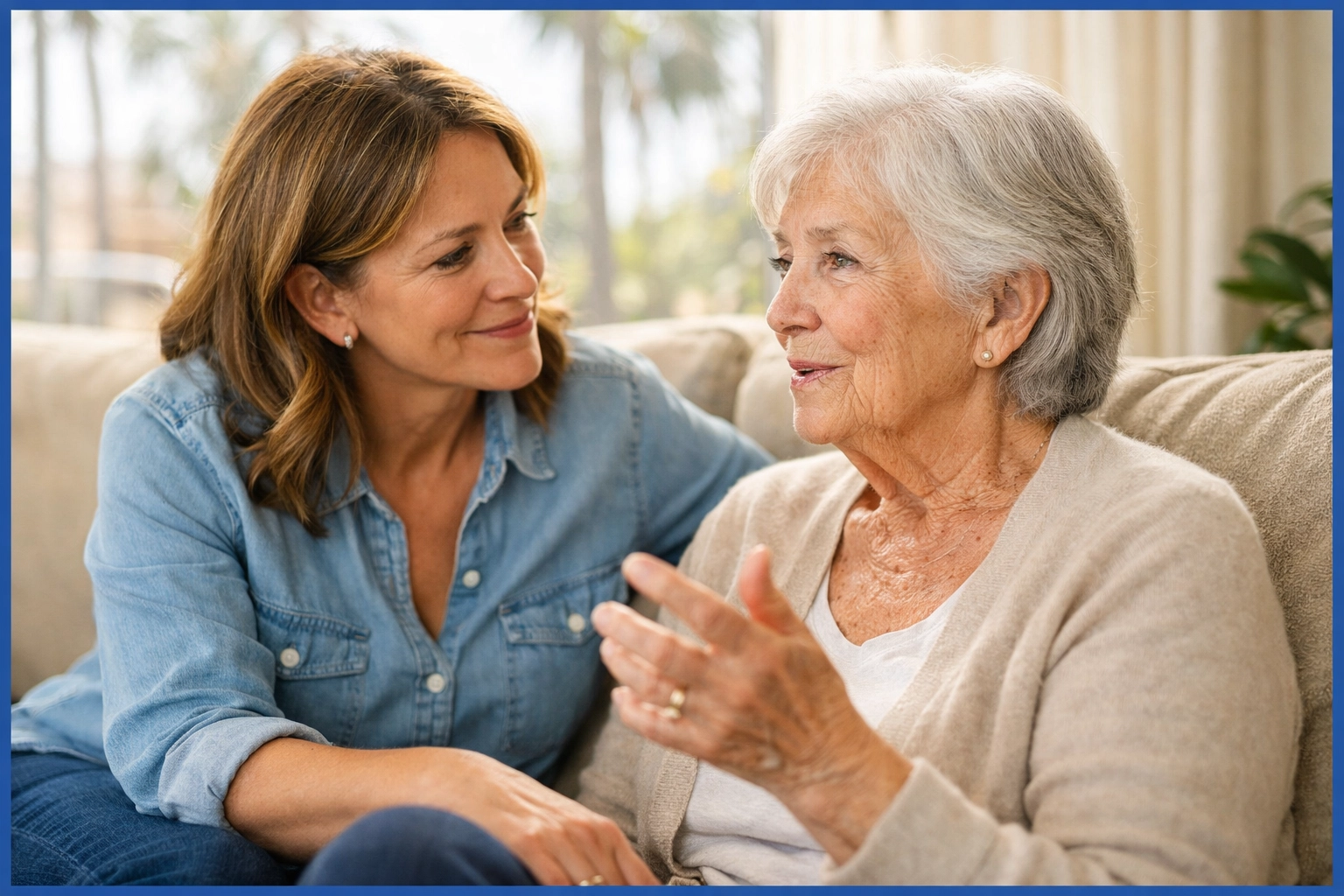 Adult daughter listening compassionately to her elderly mother during a supportive conversation in LA Adult daughter listening compassionately to her elderly mother during a supportive conversation in LA