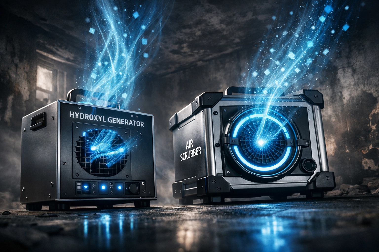 Using an air scrubber and deodorizing equipment to remove smoke odors after fire damage.