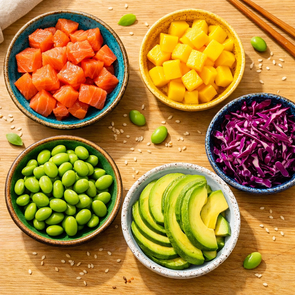 Ingrédients frais pour personnaliser son poke bowl à Montpellier : saumon, avocat et mangue.