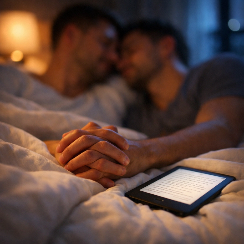 Two men holding hands in a dim bedroom while reading an MM romance book on an e-reader.