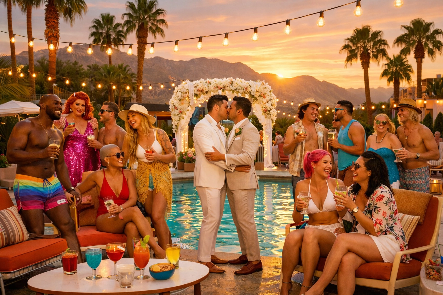 LGBTQ+ wedding pool party celebration at Palm Springs mid-century modern estate at dusk