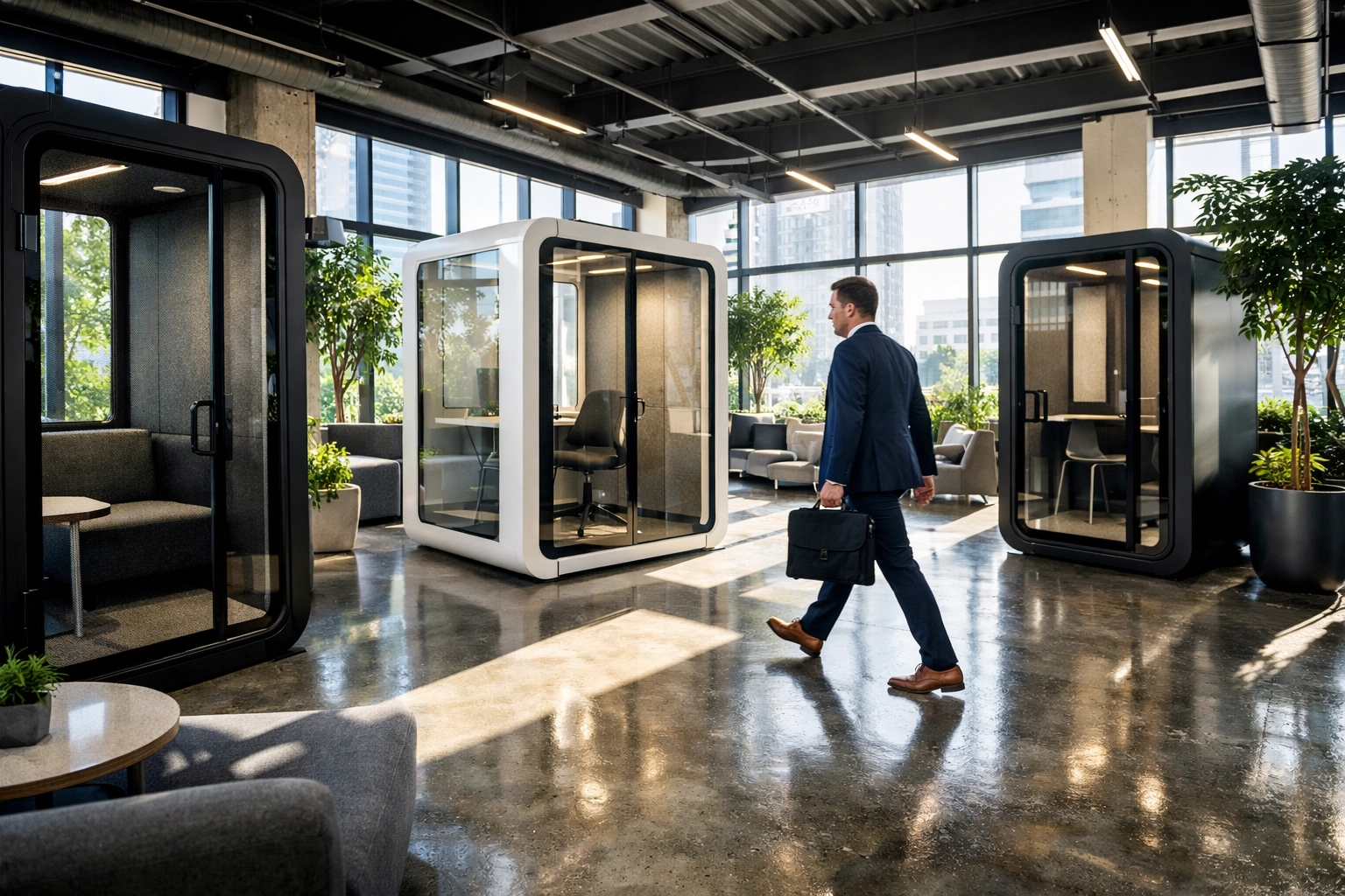 A modern facility of glass-enclosed work pods providing a professional third space for high productivity.