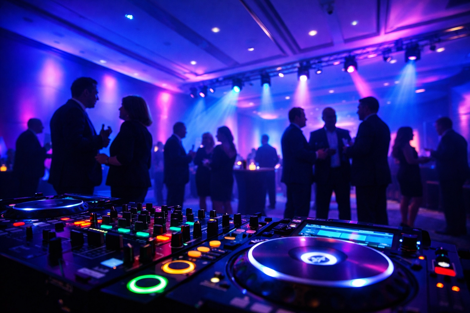 Corporate event space with professional DJ and uplighting creating engaging atmosphere for networking