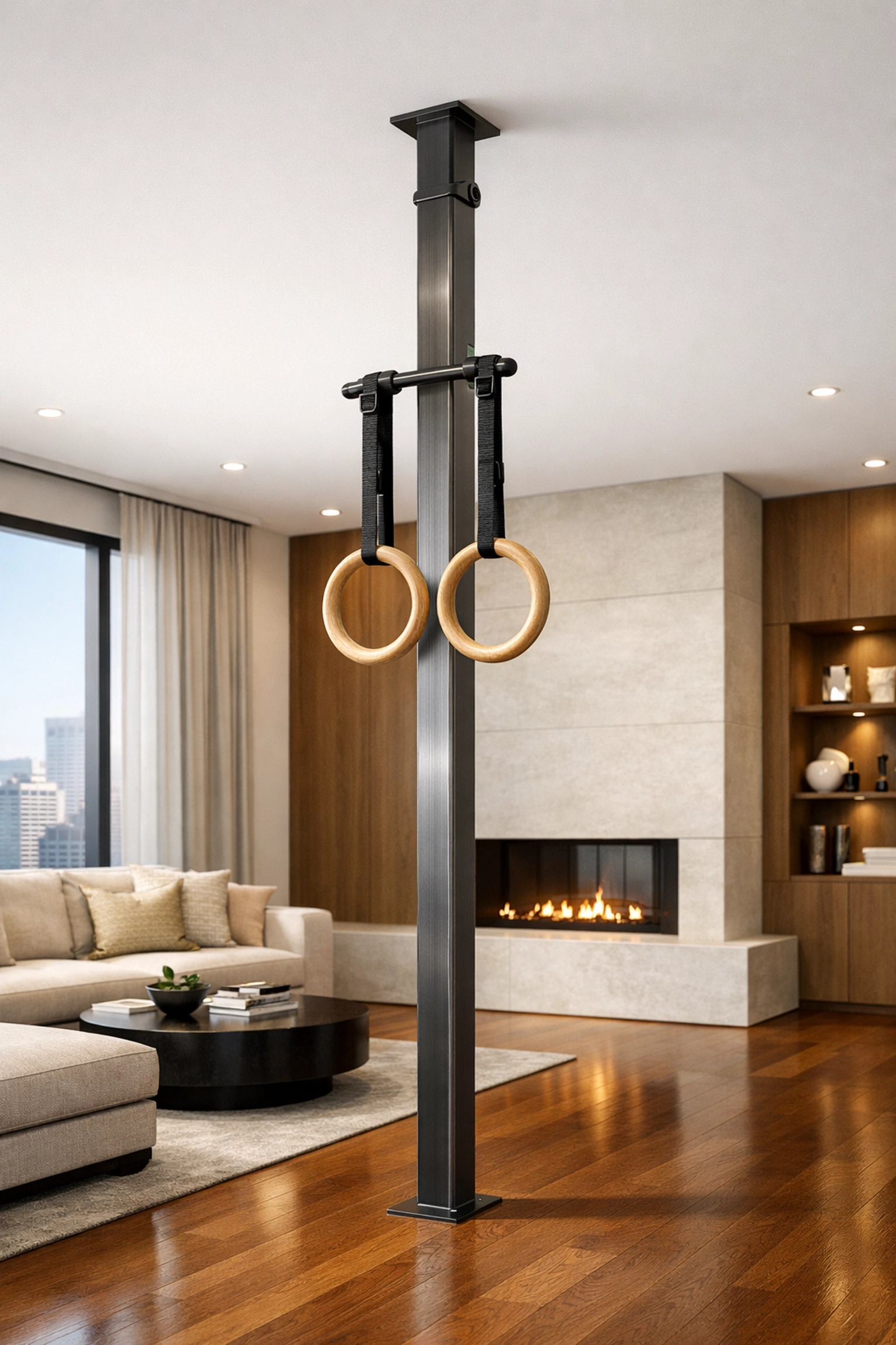 Floor to ceiling gym with a no wall damage workout system for a modern versatile home gym.