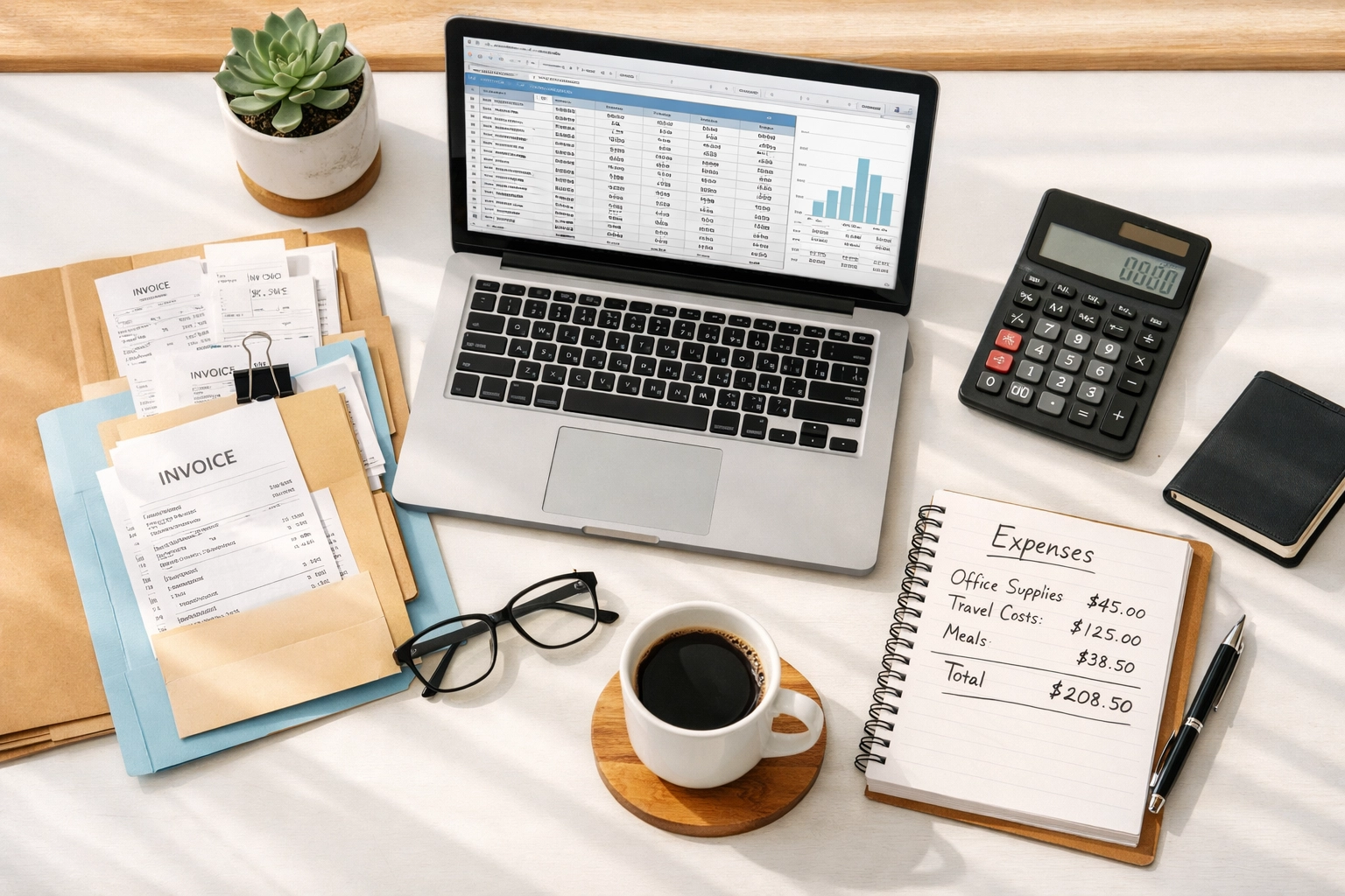 Self-employed business expense tracking with receipts, calculator, and laptop on organized desk