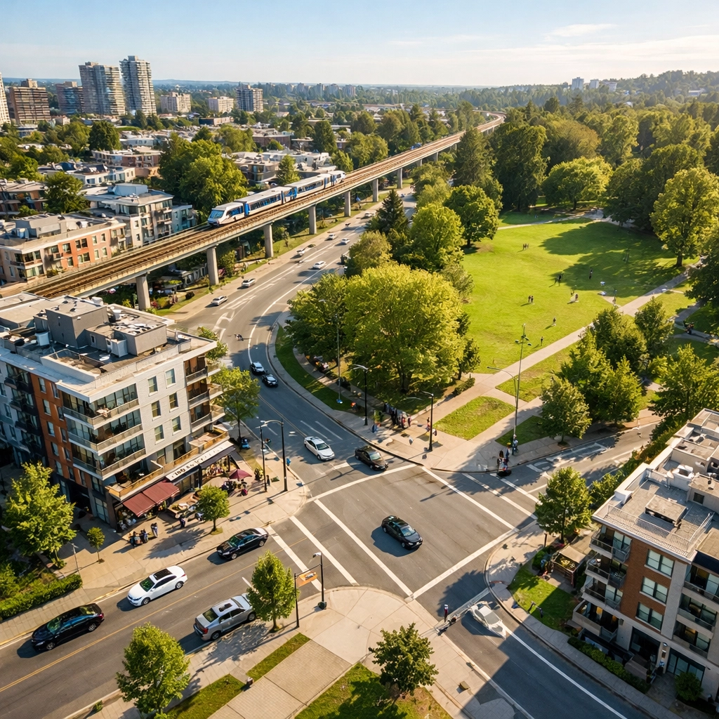 Aerial view of an urban neighborhood illustrating a high-potential development site near transit and parks.