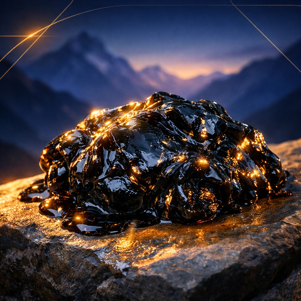 Raw shilajit resin on Himalayan rock surface showing mineral-rich golden texture