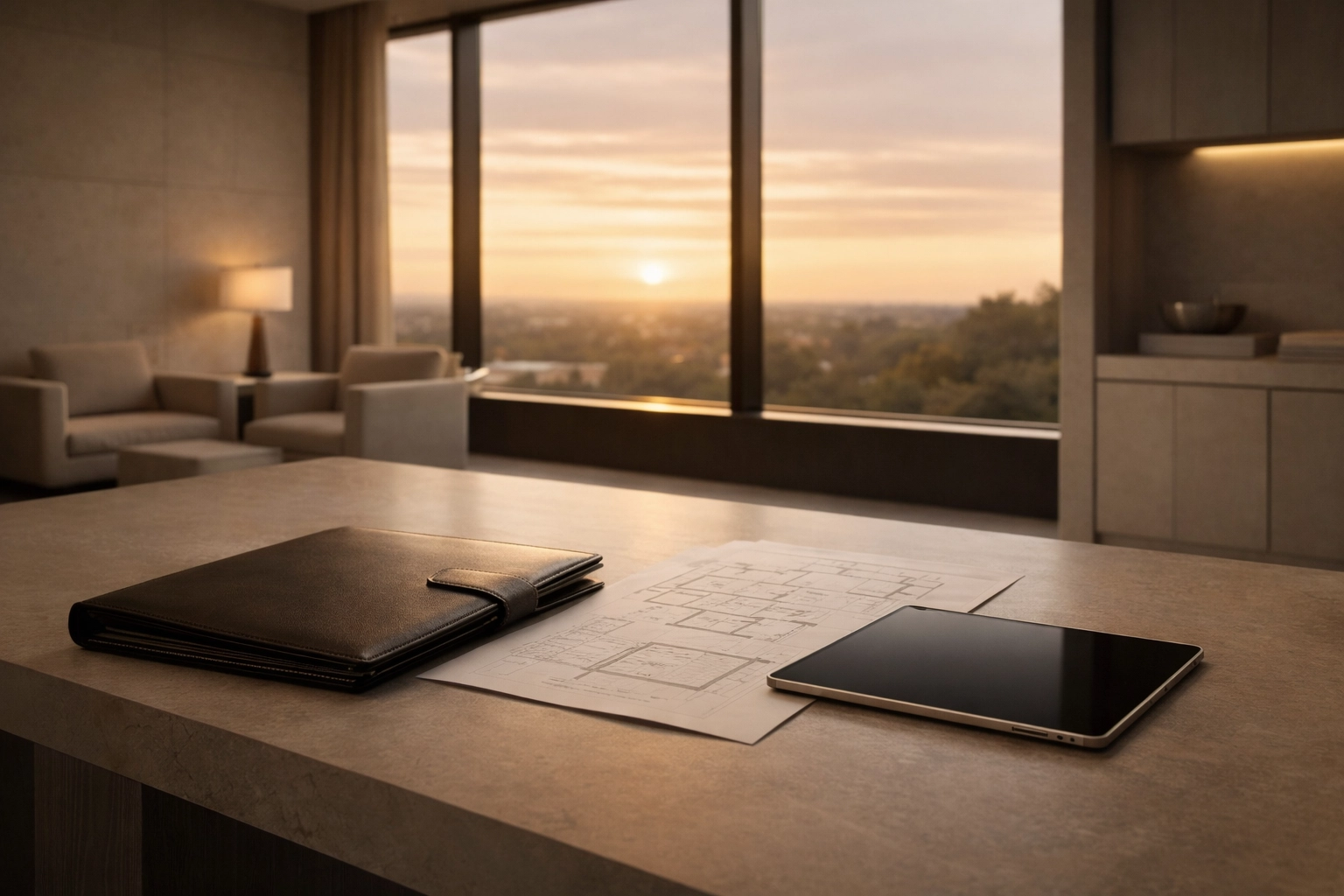 A quiet-luxury private client advisory office interior with warm golden-hour light, minimalist desk styling, and an editorial real-estate brochure aesthetic.