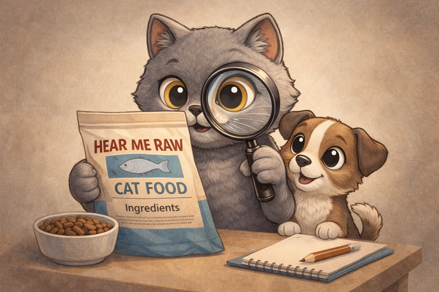 Cat examining pet food label with magnifying glass to check for complete and balanced nutrition