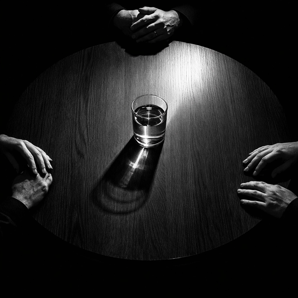 Sibling hands around a table during a dispute over an elderly parent's care and assets.
