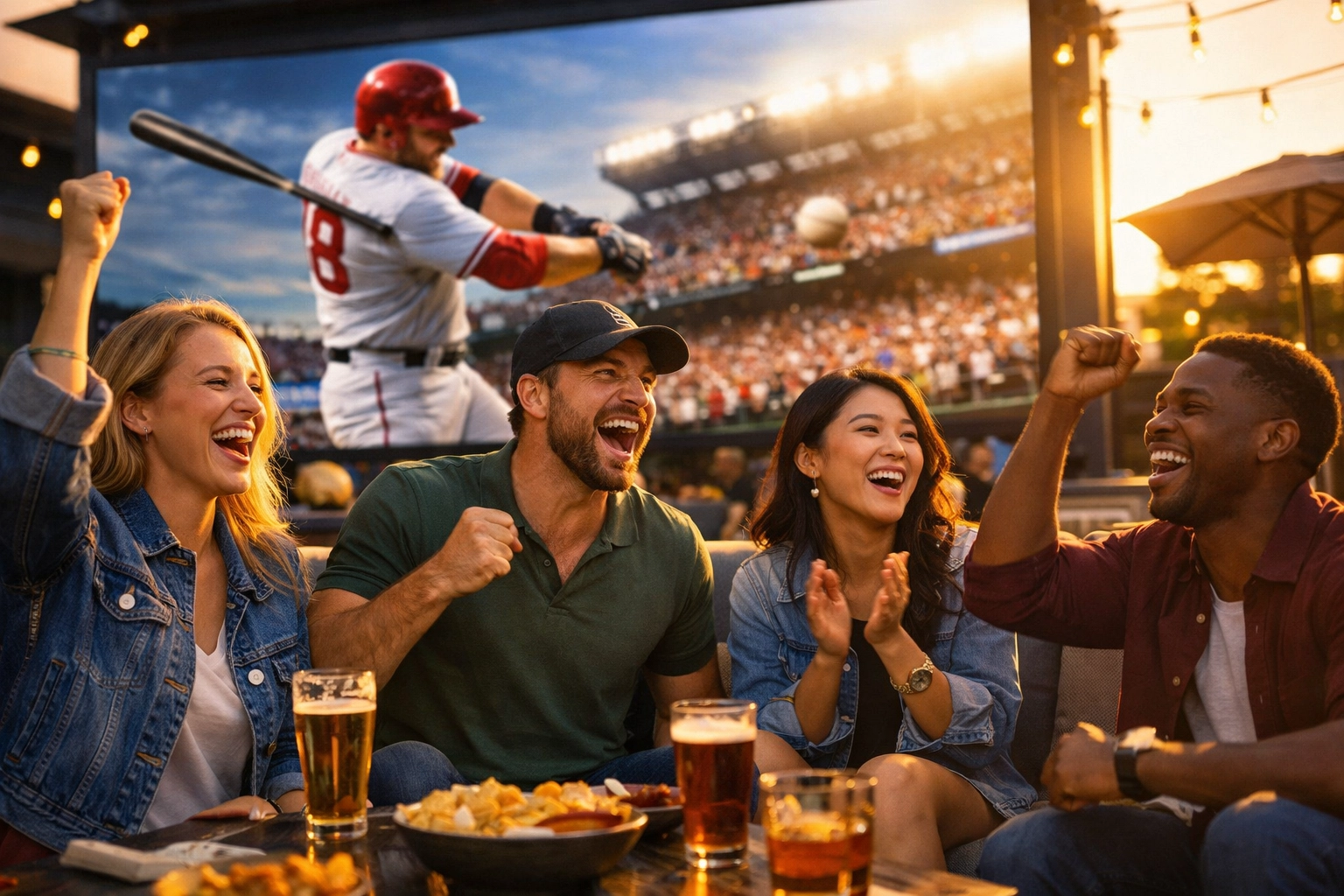 Sports fans engaging with a high-impact digital screen display at an outdoor sports lounge.