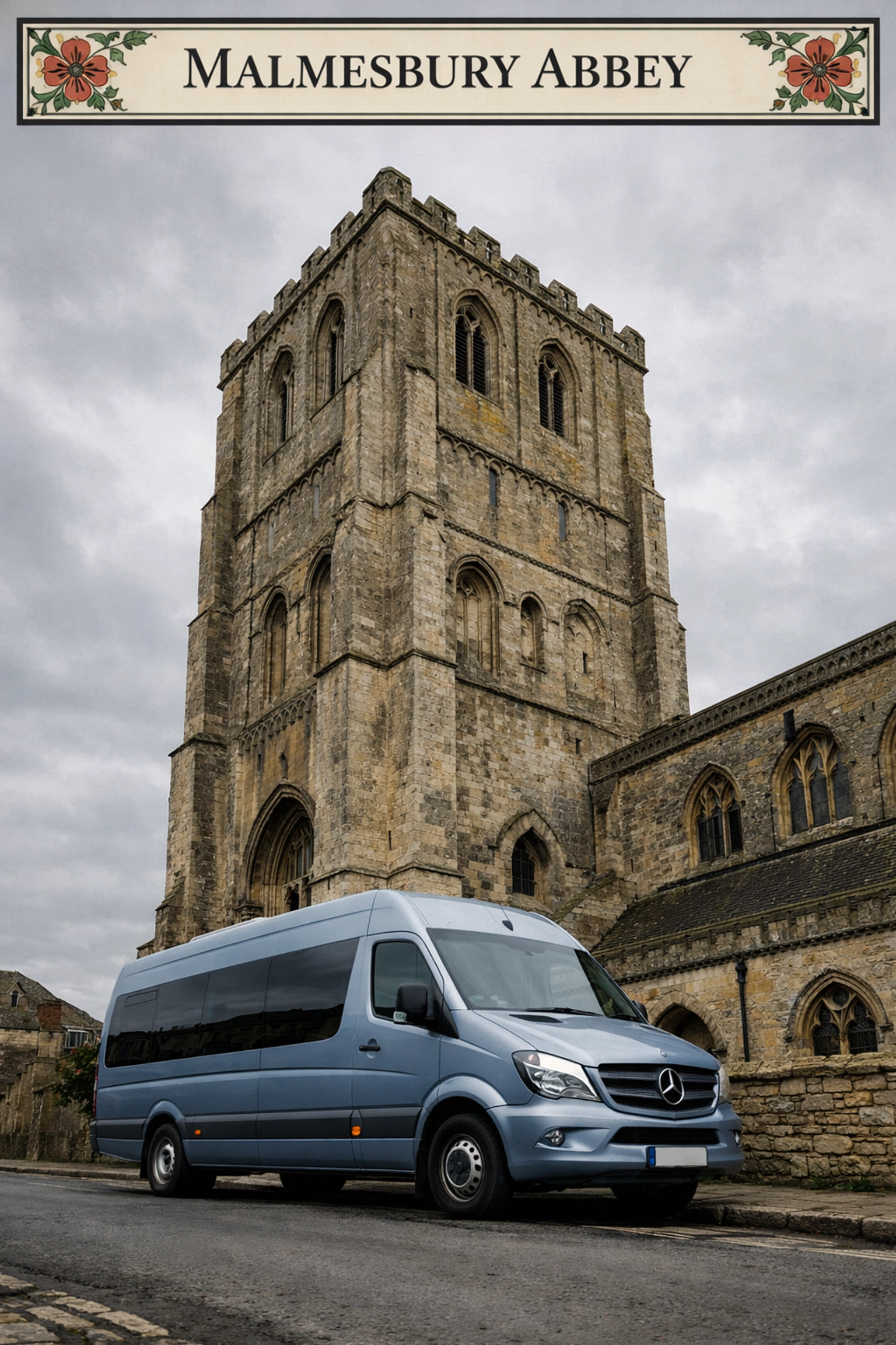 Looking up at the massive square tower of Malmesbury Abbey from the historic street.