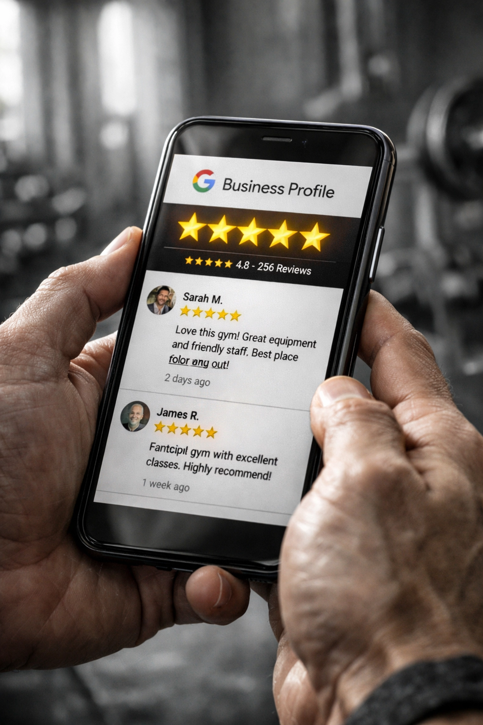 Optimized Google Business Profile showing five-star reviews for a local gym to improve AI recommendations.