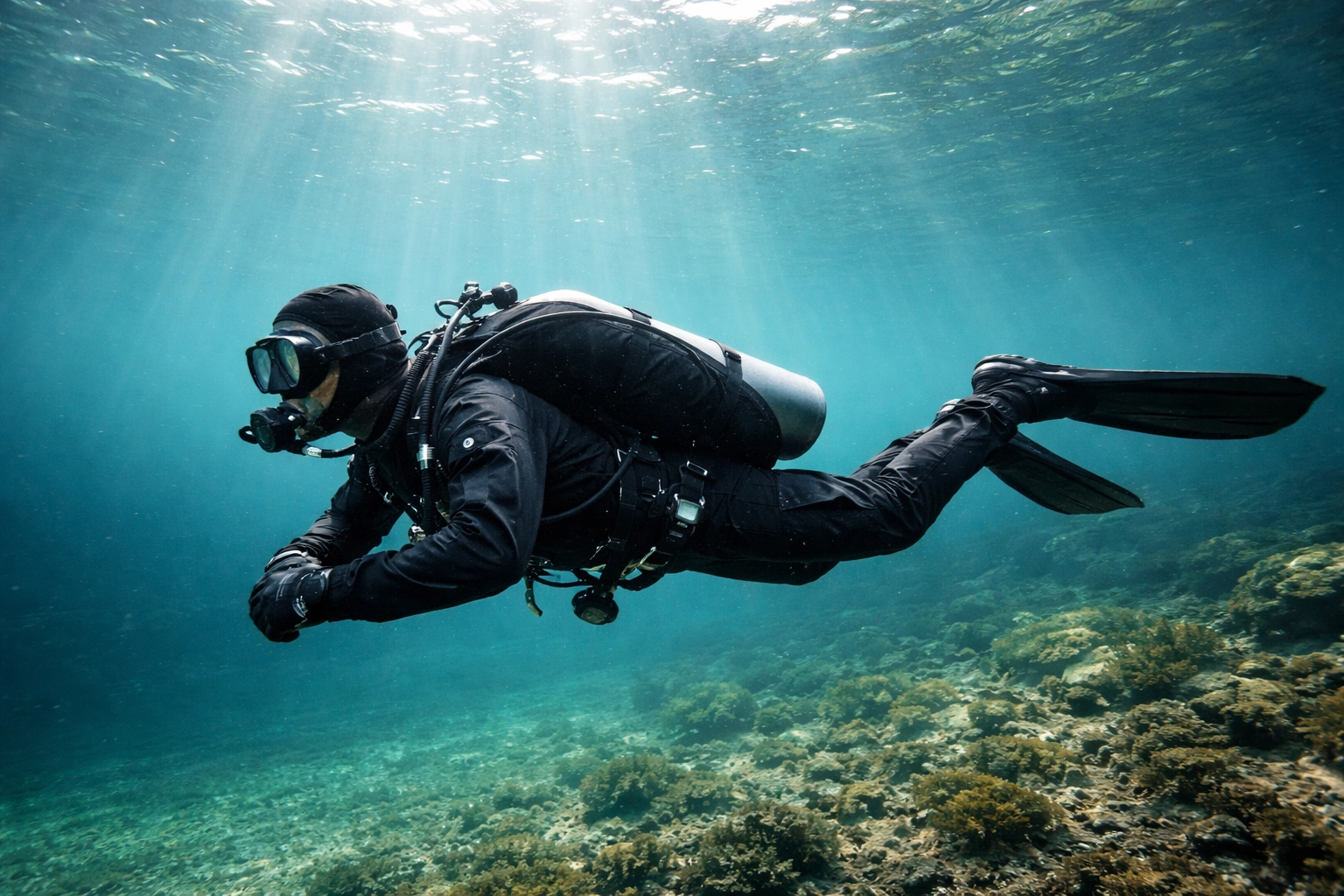 Taucher mit Wing-Jacket in perfekter horizontaler Wasserlage, schwebt entspannt durch den Goitzschesee