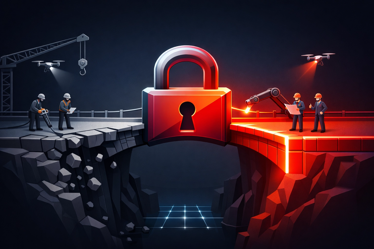 Red padlock securing a digital bridge to represent website technical health and secure HTTPS protocols.