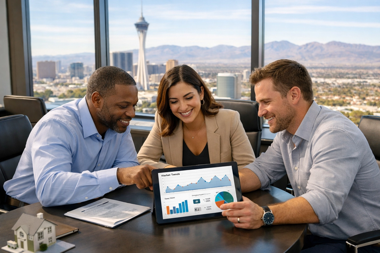 Las Vegas real estate team reviewing property market data and analytics on digital tablet