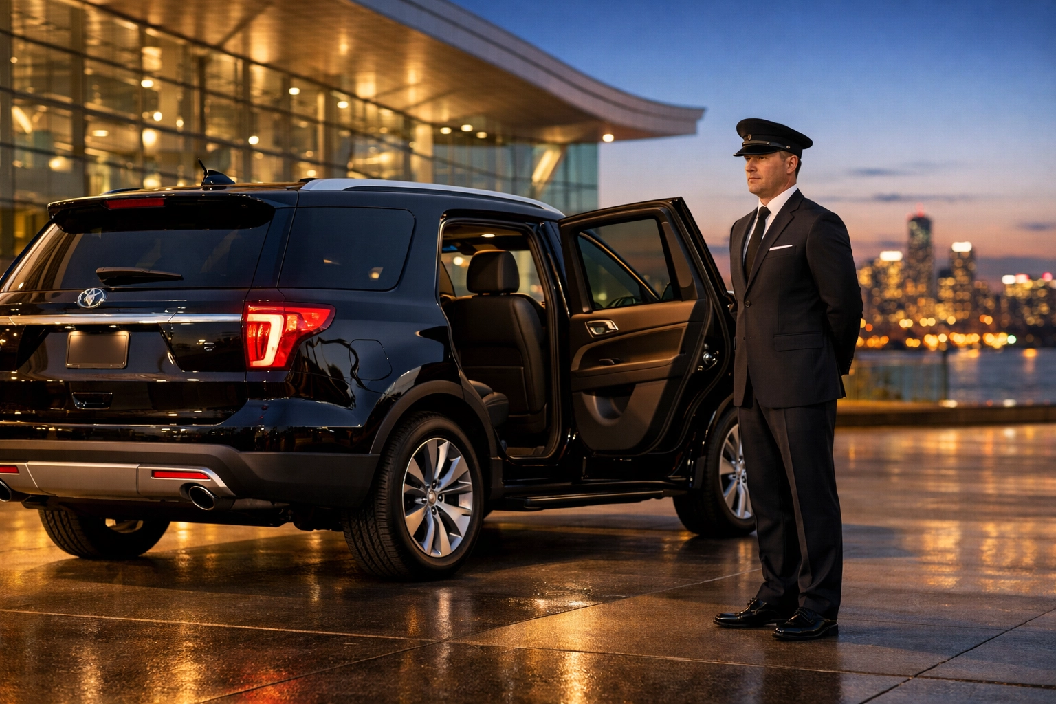 Professional chauffeur with black executive SUV for Super Bowl VIP travel management and transportation.