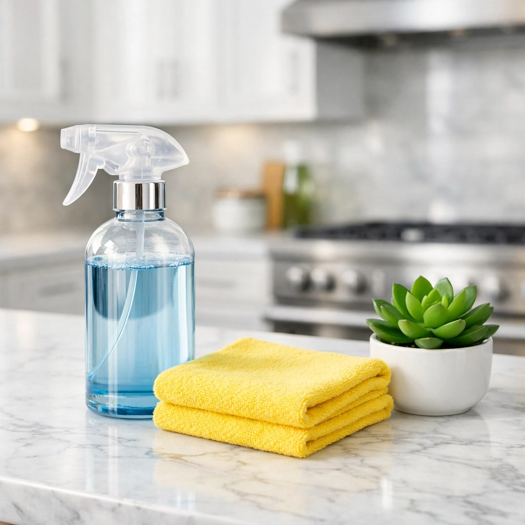 Eco-friendly cleaning products on a marble counter for healthy apartment cleaning in Boston.