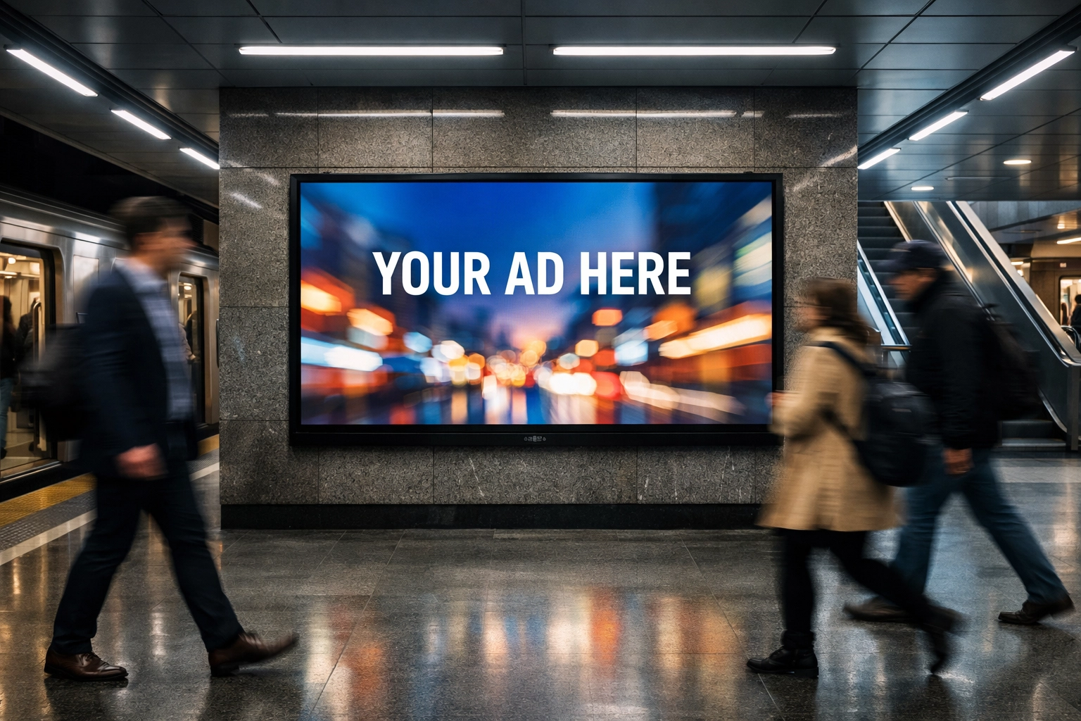 Digital advertising screen on a modern subway platform targeting daily commuters in a transit hub.