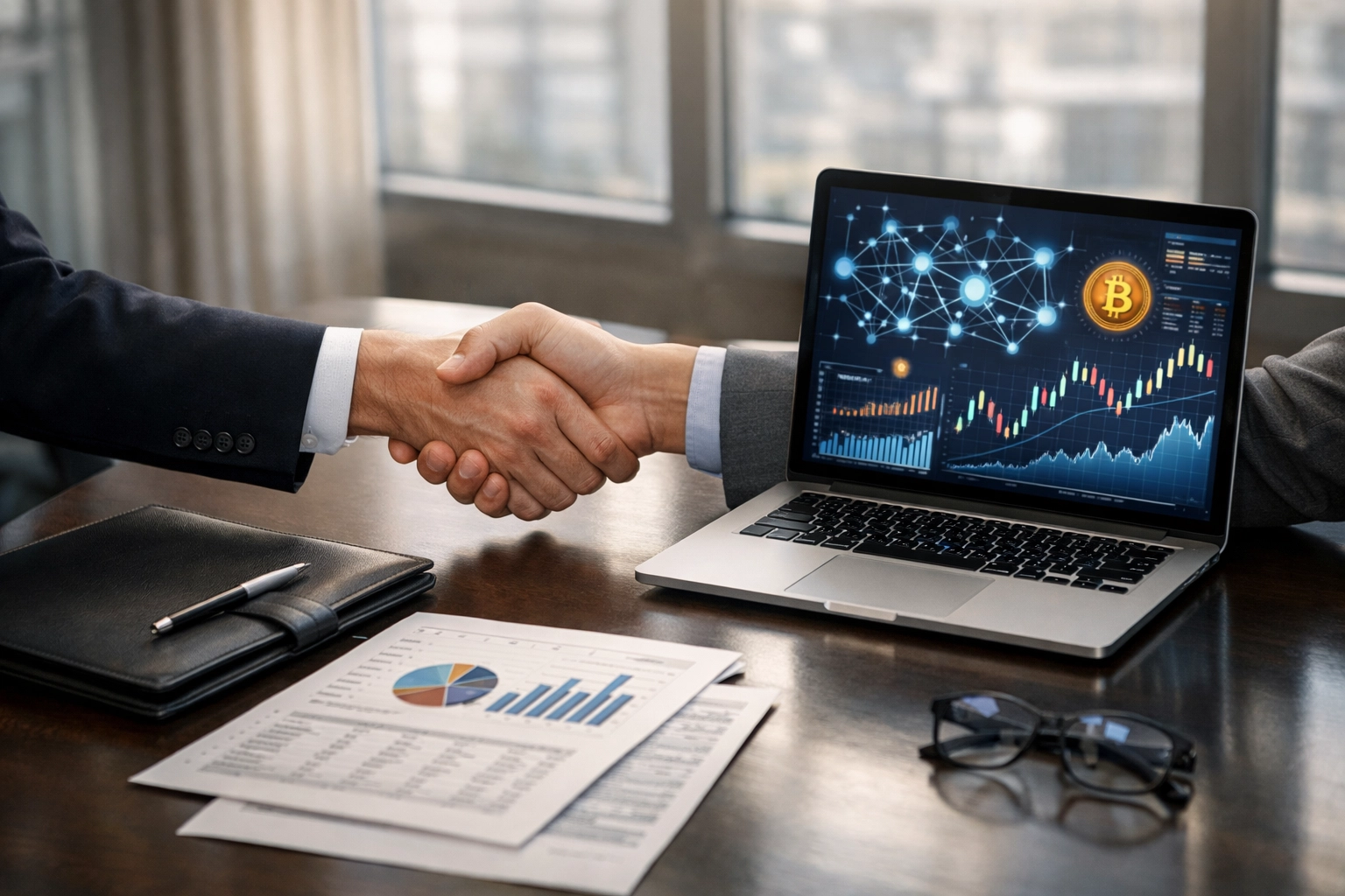 Strategic partnership handshake between traditional finance and digital asset service providers