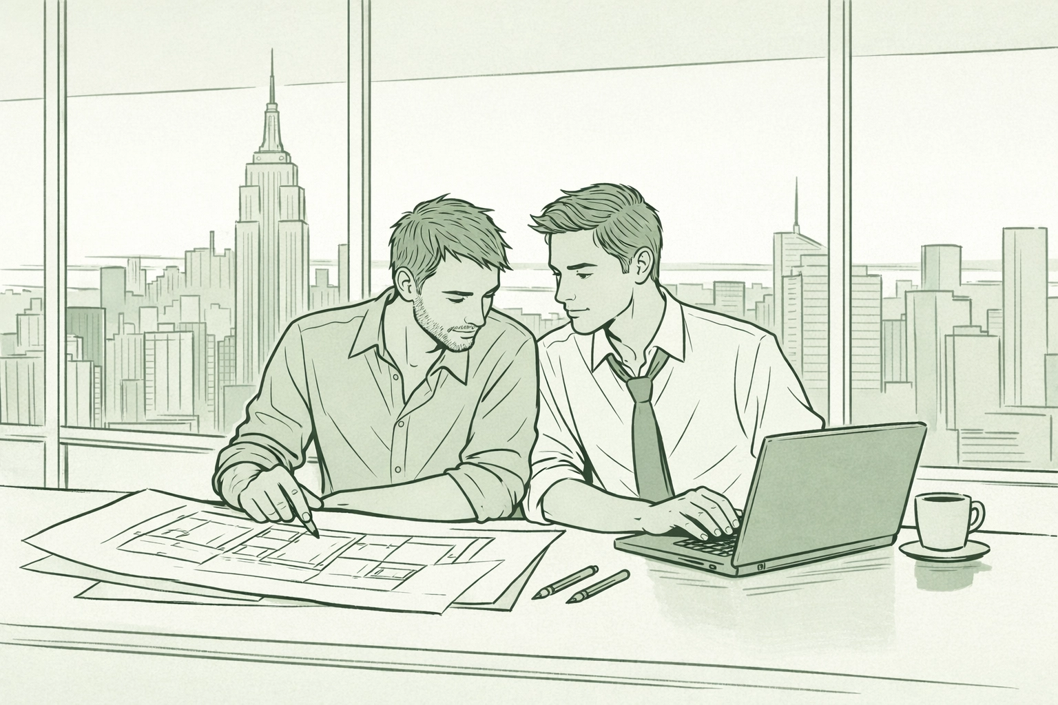Two businessmen working together at Manhattan office - gay romance workplace tension
