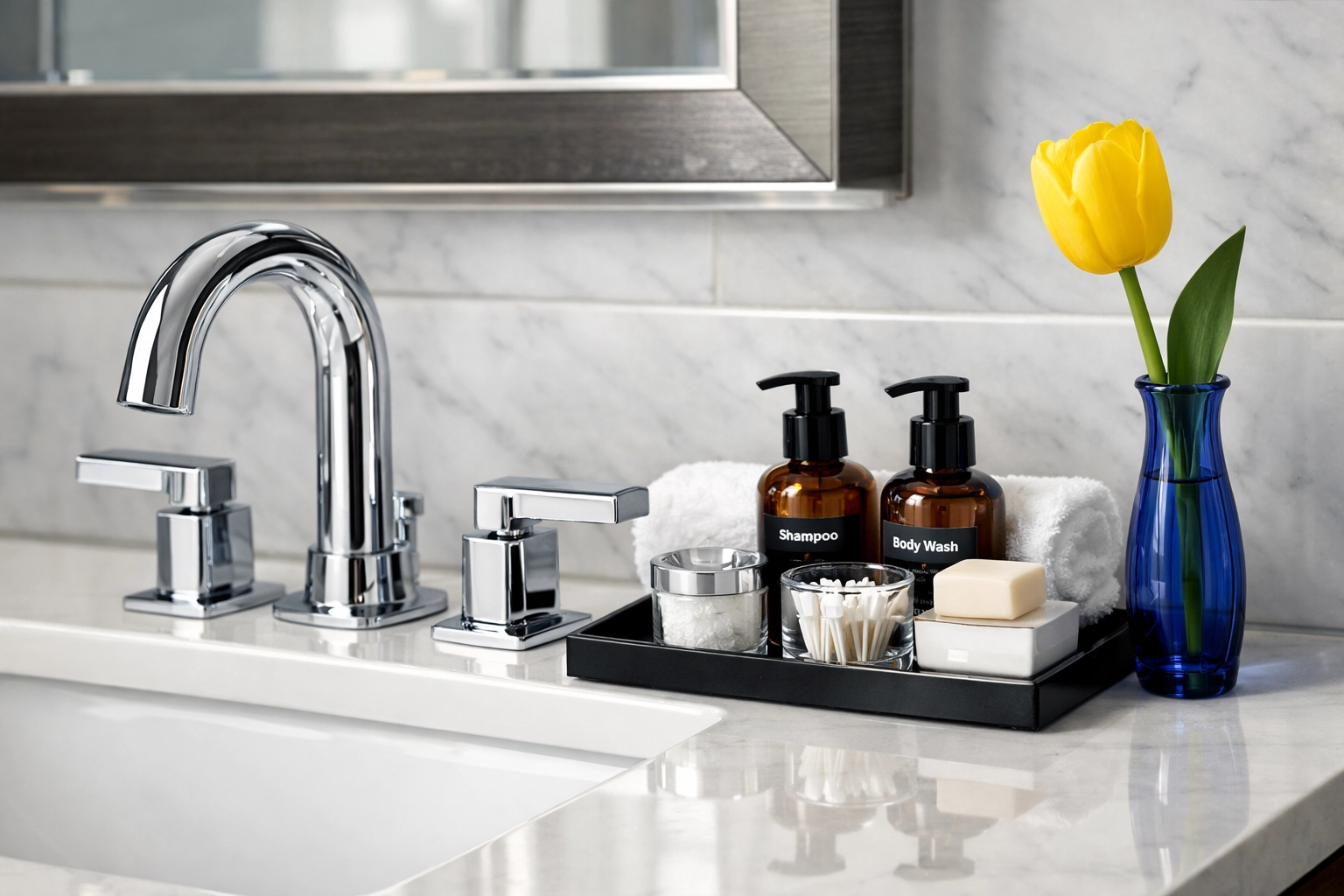 Sanitized bathroom vanity with sparkling chrome following expert house cleaning services MA visit.