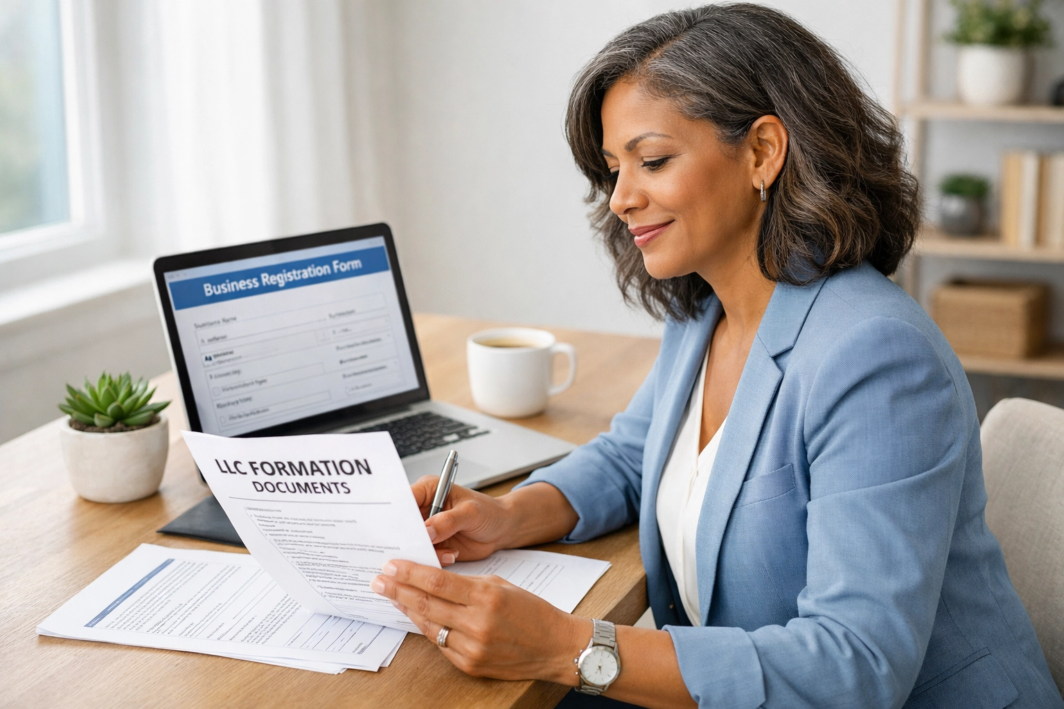 Business owner reviewing LLC formation documents at home office desk