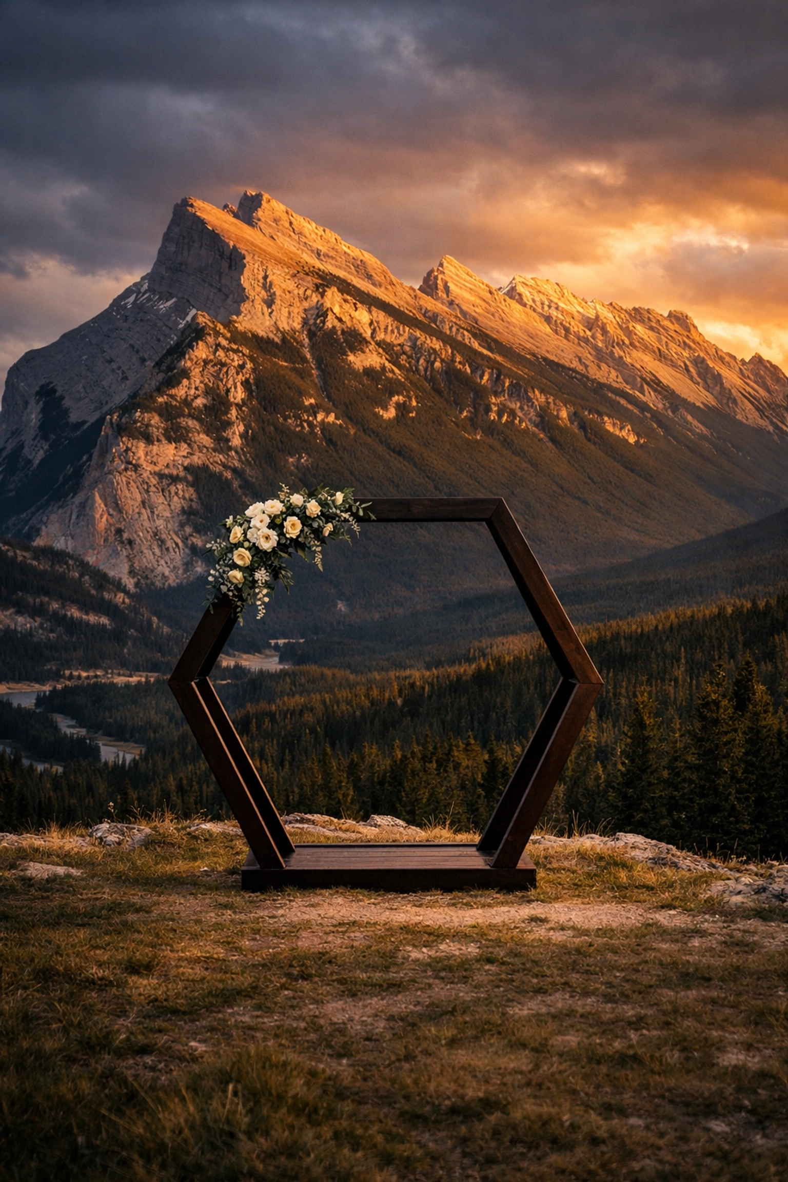 Tunnel Mountain Reservoir wedding ceremony site with a minimalist arch and dramatic Banff mountain views.