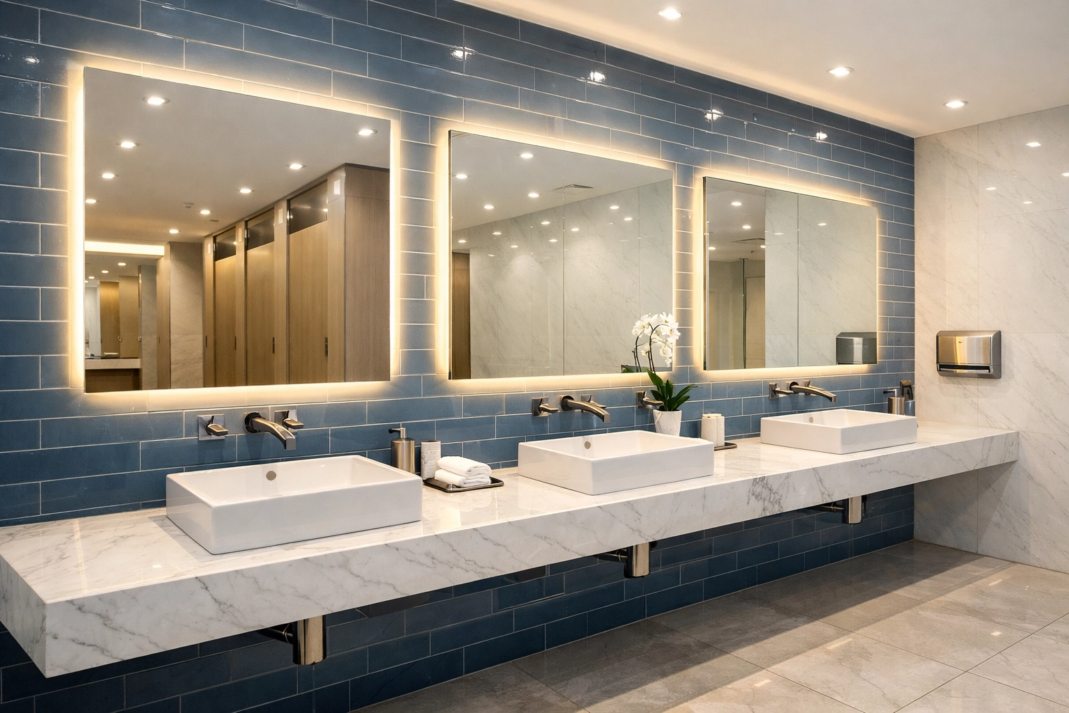 Immaculate commercial restroom following a deep office cleaning Worcester sanitation routine.