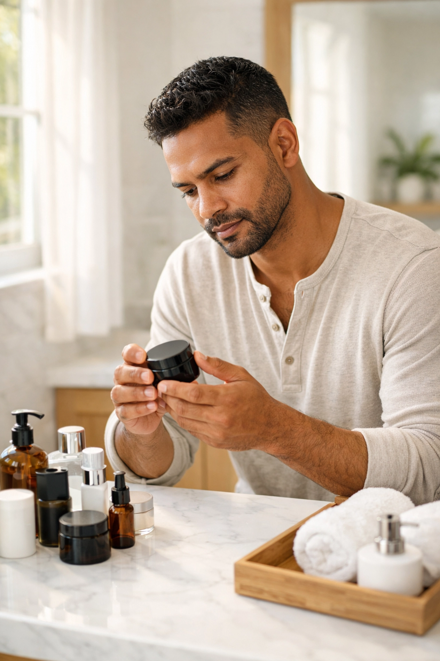 Man in his 30s examining skincare products on bathroom counter during morning grooming routine
