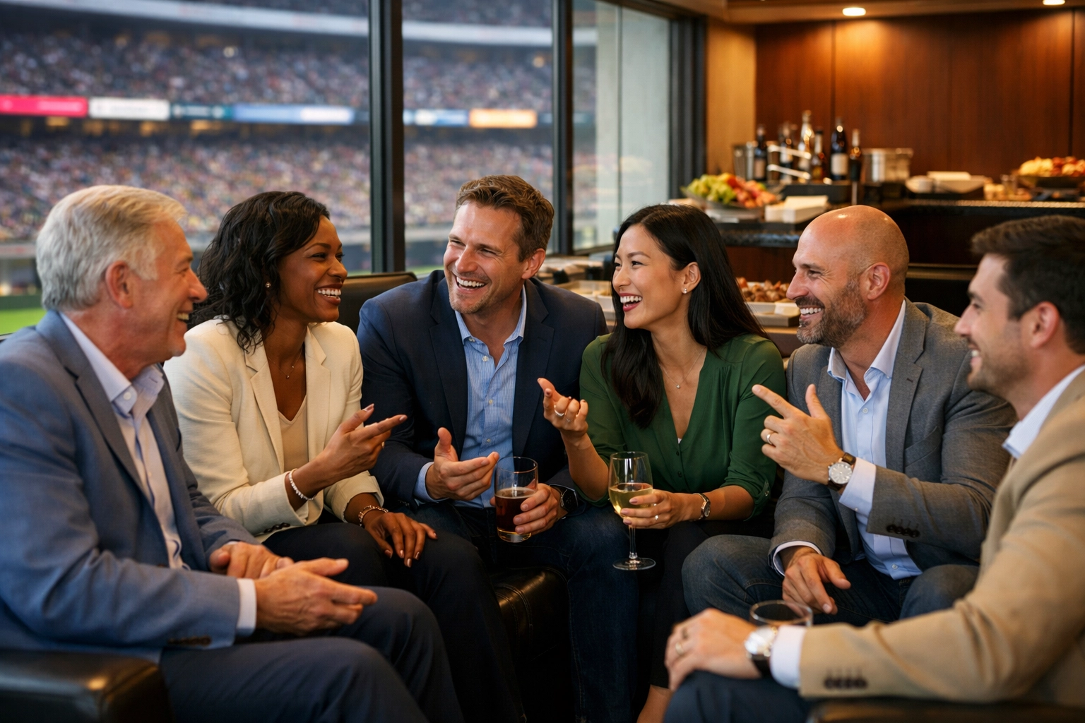 Business executives networking in luxury Super Bowl suite during corporate hospitality event