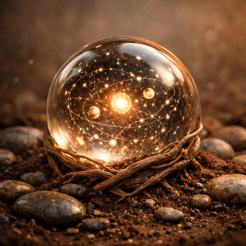 Celestial glass sphere with a star map on earth, symbolizing psychoastrology as a diagnostic tool for healing.