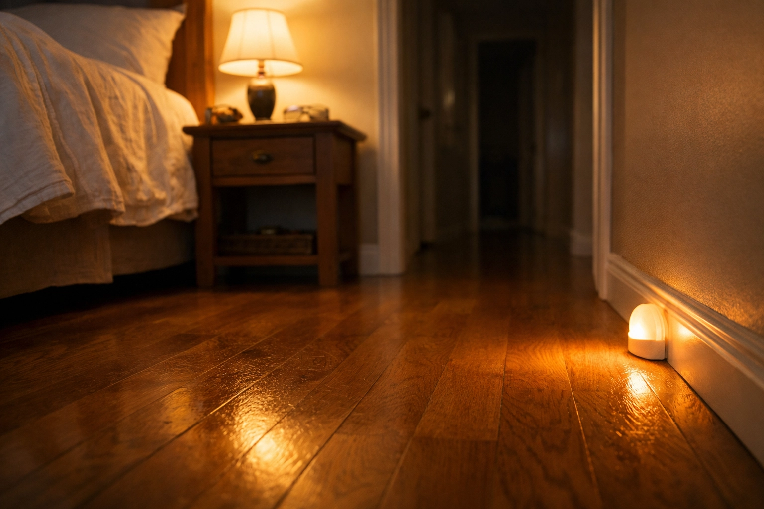 Bedroom with motion-activated nightlight and clear pathway for nighttime fall prevention