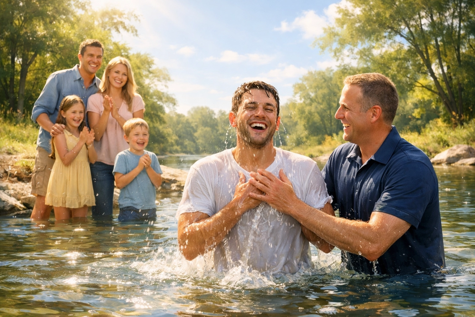A joyful baptism by immersion in a river with a family watching, symbolizing new life in Christ.