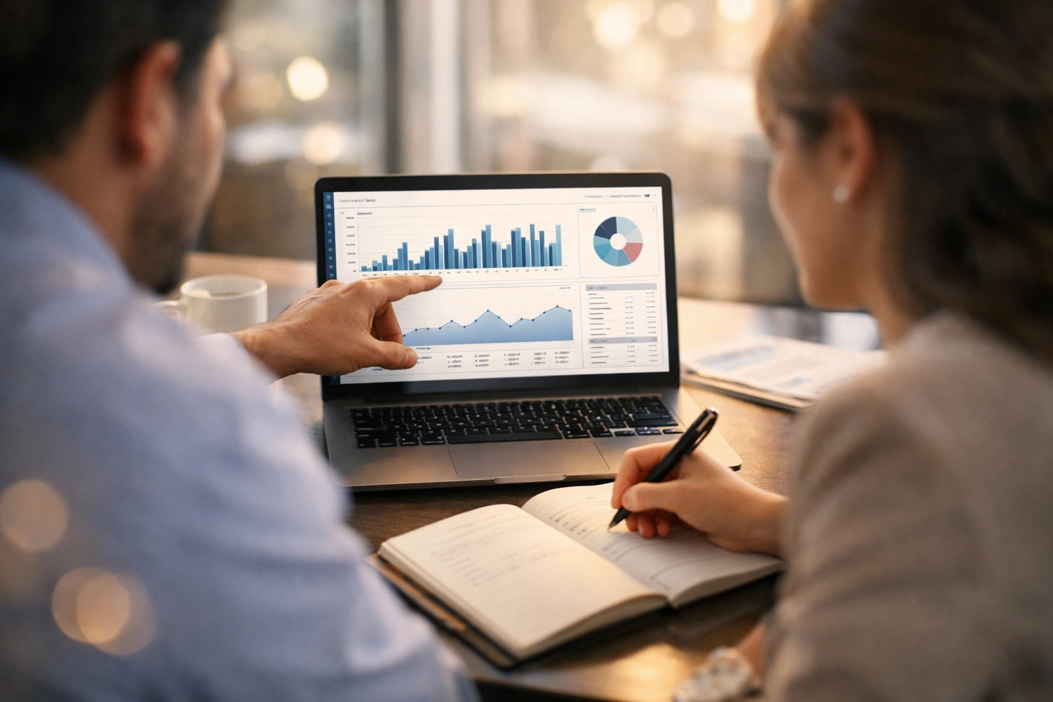 Bookkeeper collaborating with client on financial software and business planning strategies