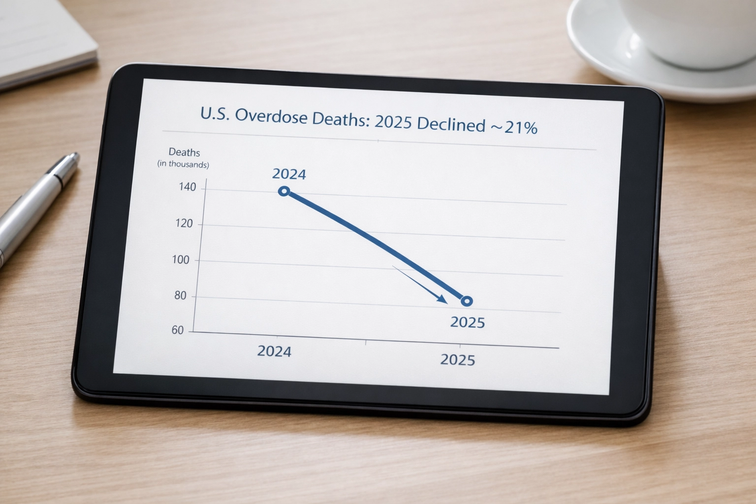 Professional infographic/line graph showing the ~21% decline in U.S. overdose deaths in 2025.