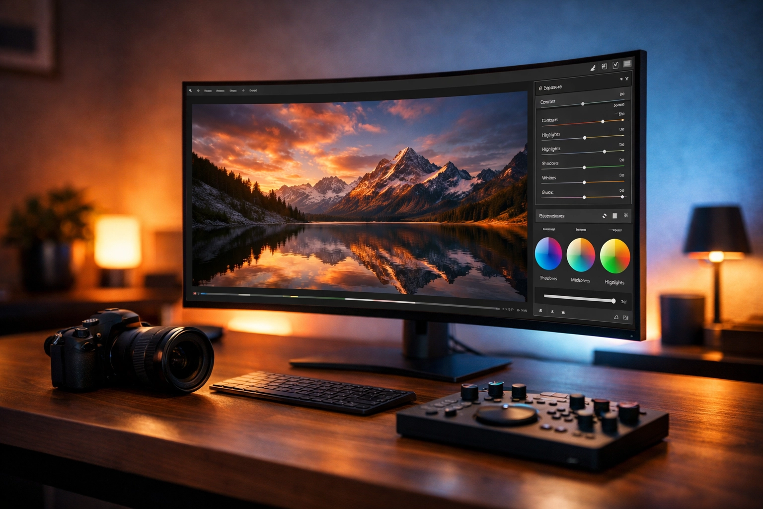 A professional photography workspace featuring the best photo editing software on a sleek monitor.