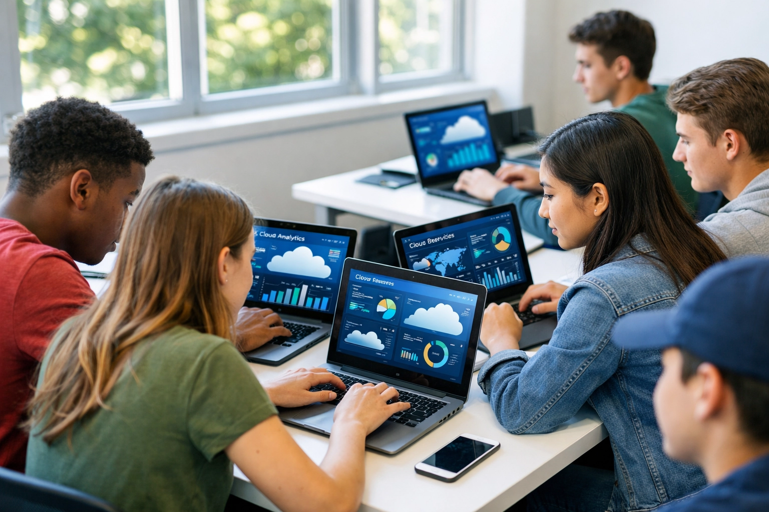 High school students learning cloud computing and data analytics in modern computer lab