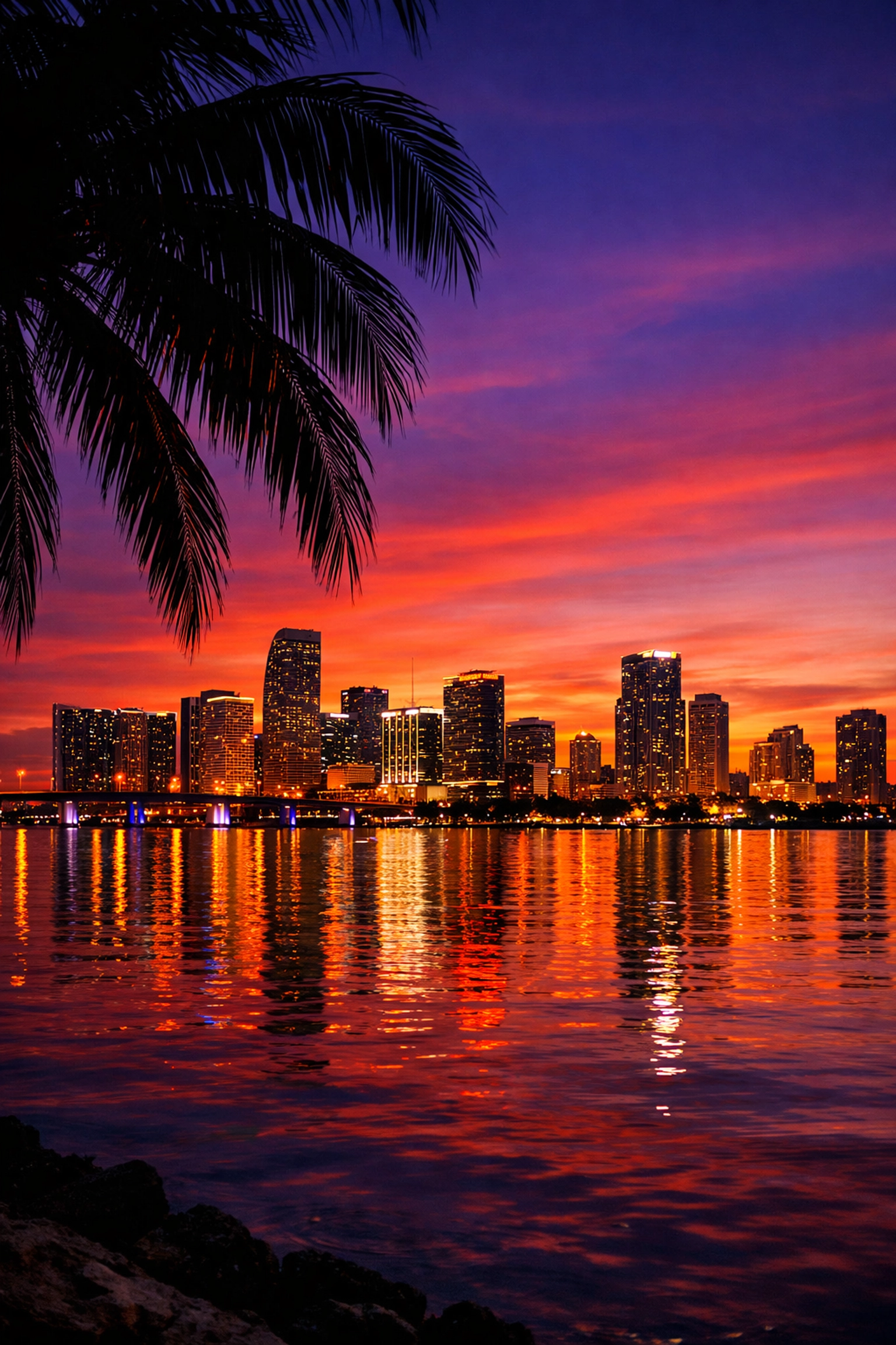 Cinematic Miami skyline at dusk over Biscayne Bay representing a premium business brand legacy and vision.