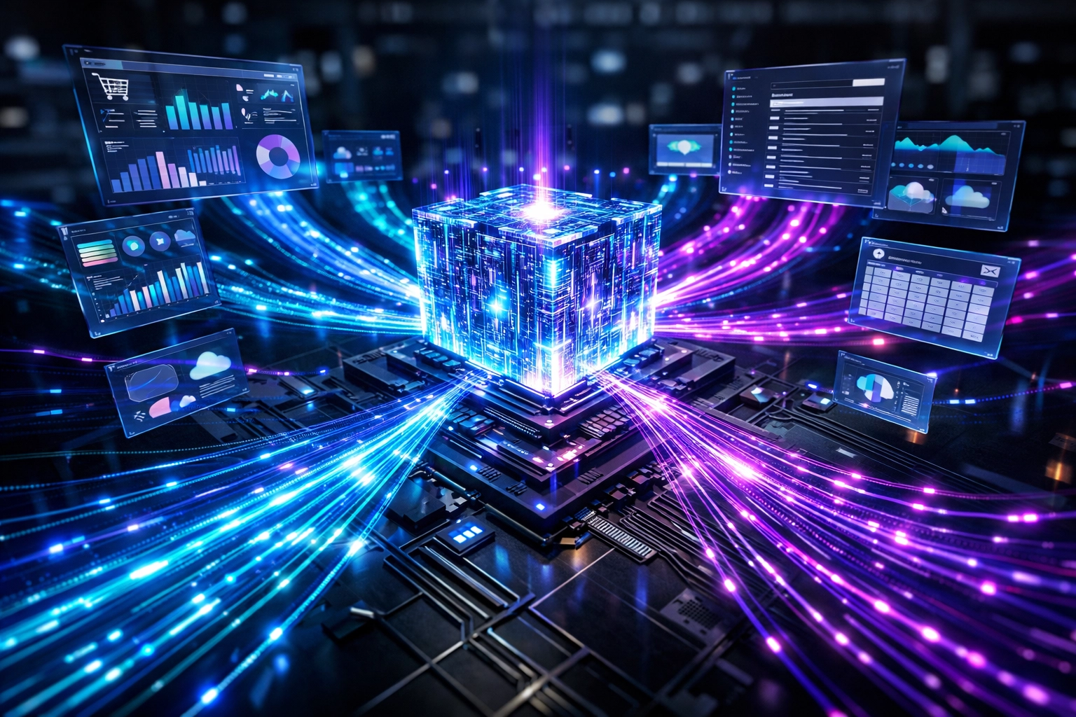 Centralized digital hub illustrating seamless AI integration and automated business process workflows.