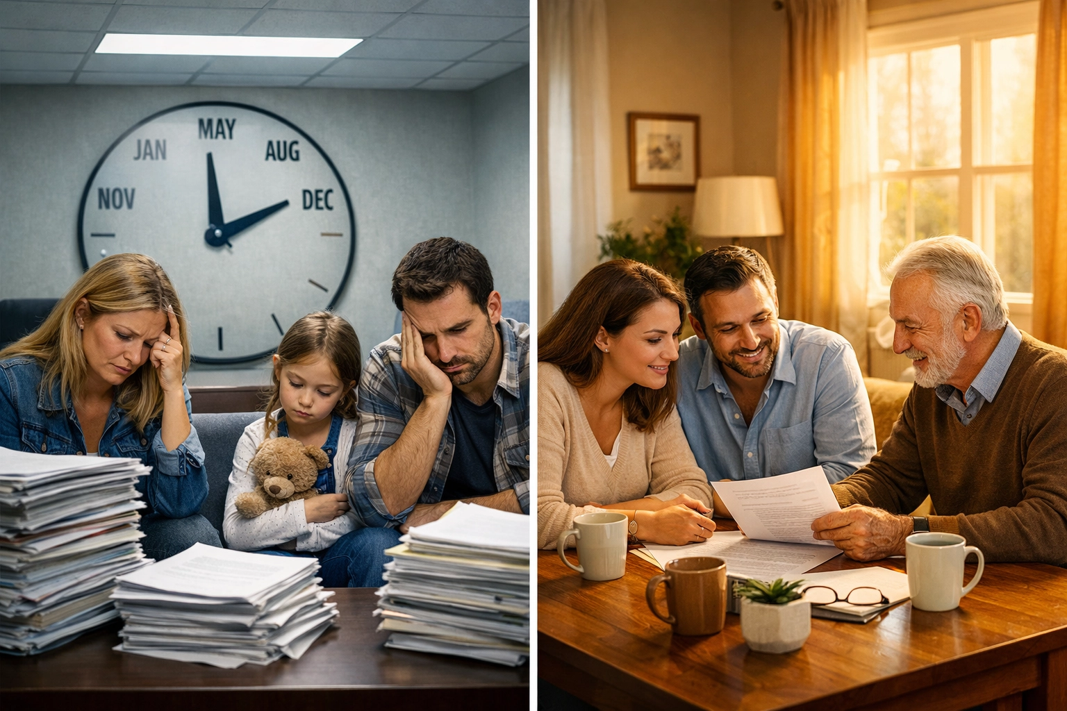 Family navigating probate court versus family reviewing living trust documents at home with successor trustee