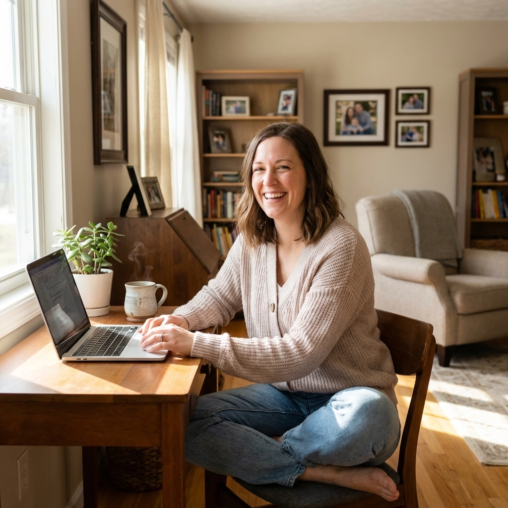 Stay-at-home mom working confidently at a home office desk, perfect for new travel advisor careers.