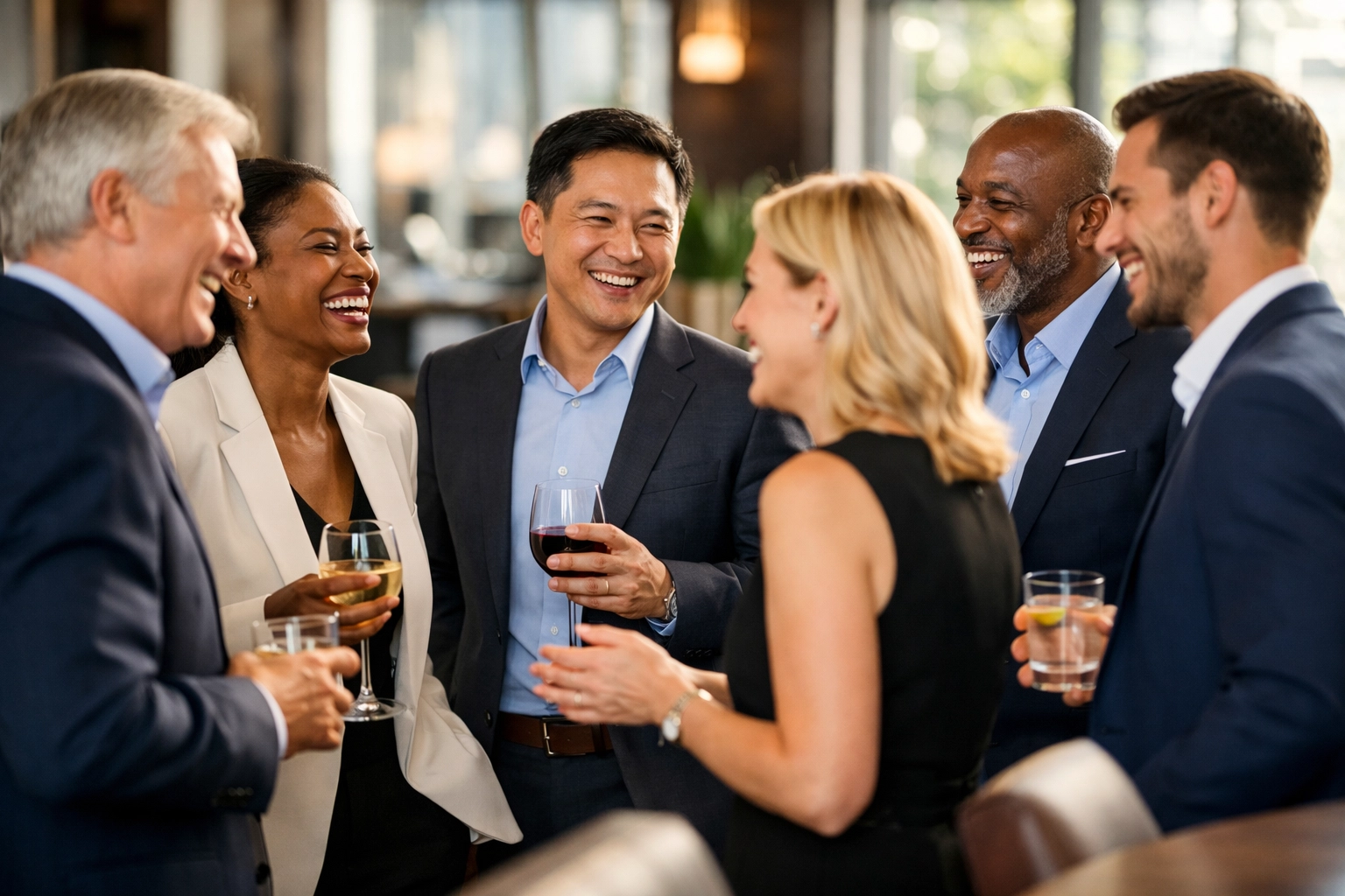 Business executives networking at upscale corporate hospitality event